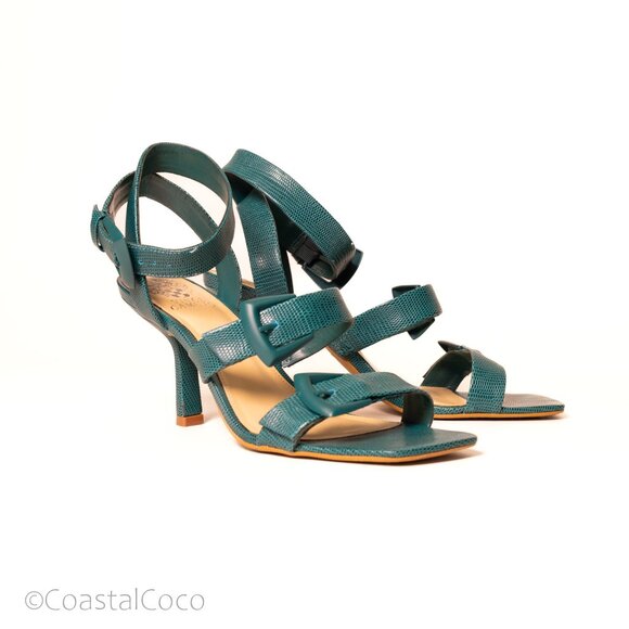 Vince Camuto Jeminstie Sandals 9 Turquoise Heel Leather Strappy Cocktail Wedding - Picture 2 of 10